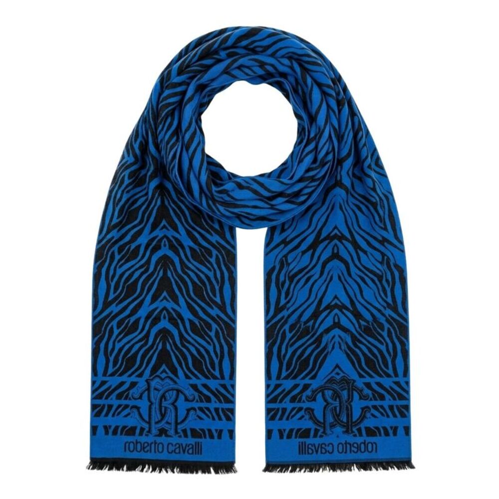 Roberto Cavalli ESZ057 04505 Turquoise Wool Blend Tiger Print Mens Scarf